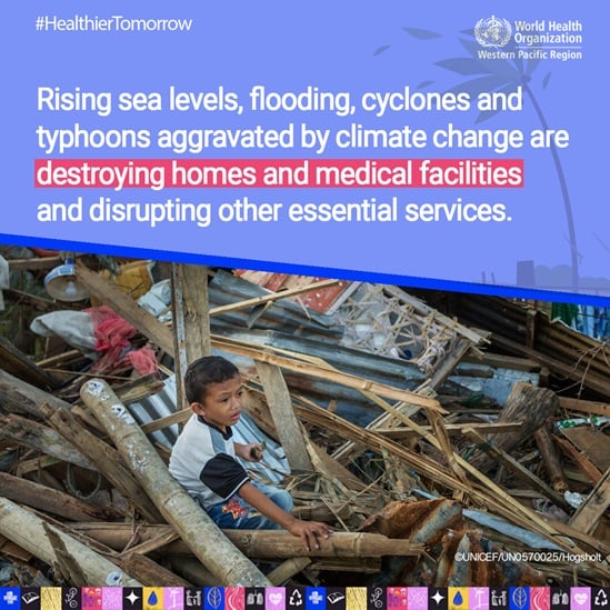 Child sitting in the ruins of his home due to extreme weather caused by climate change